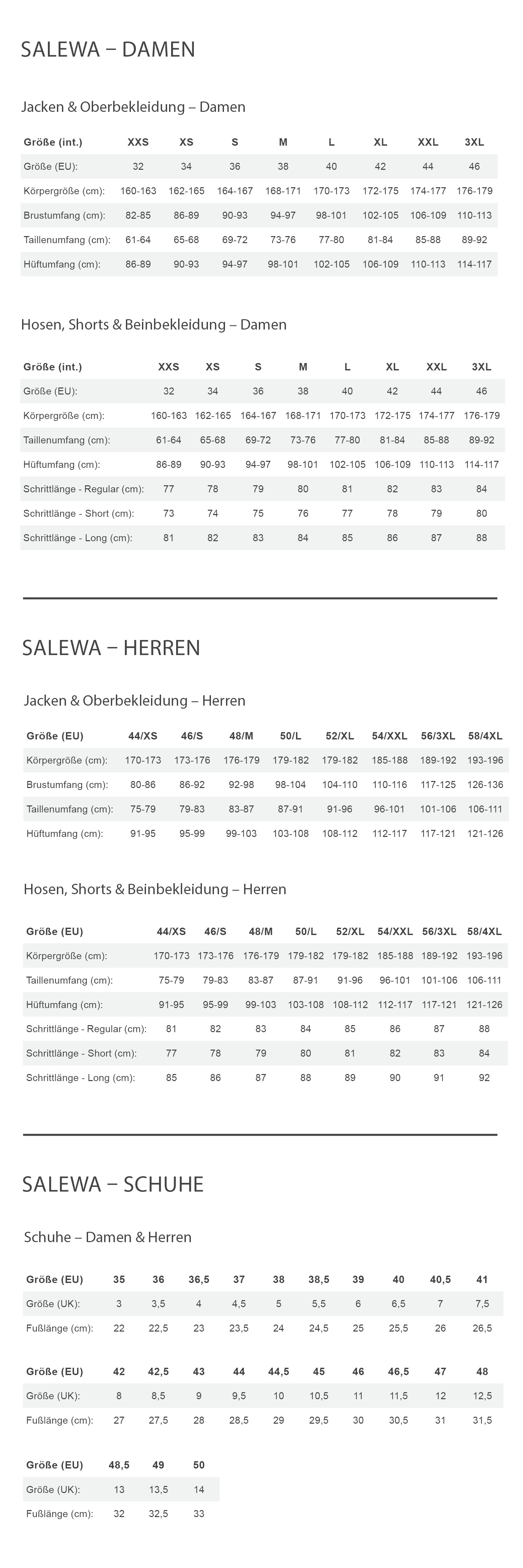 Salewa WS CROW GTX Damen - Bergstiefel Größentabelle