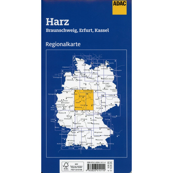ADAC REGIONALKARTE BLATT 8 HARZ, BRAUNSCHWEIG, ERFURT, KASS - Straßenkarte Ansicht 2