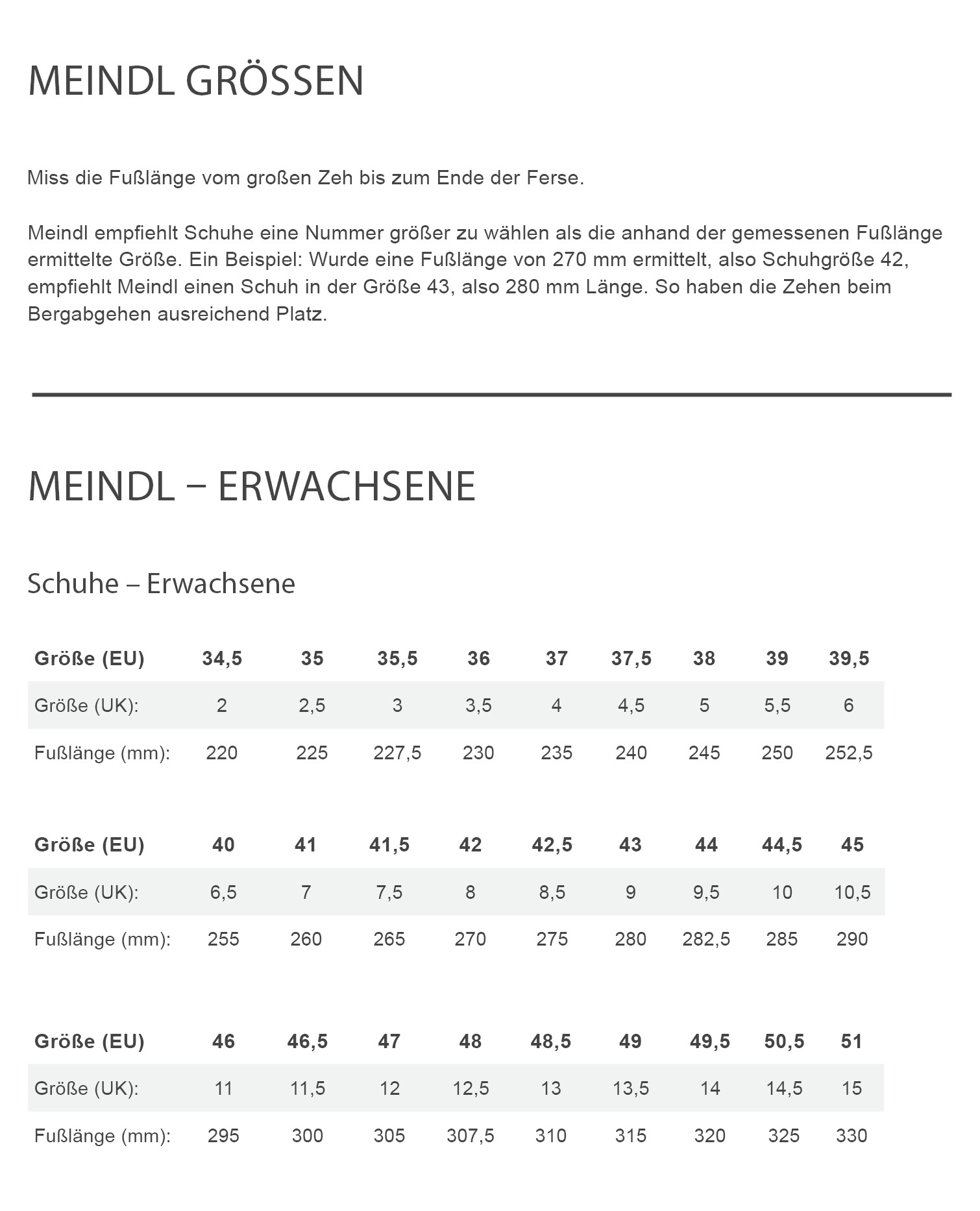 Meindl PURE COMFORT LADY Damen - Barfußschuhe Größentabelle