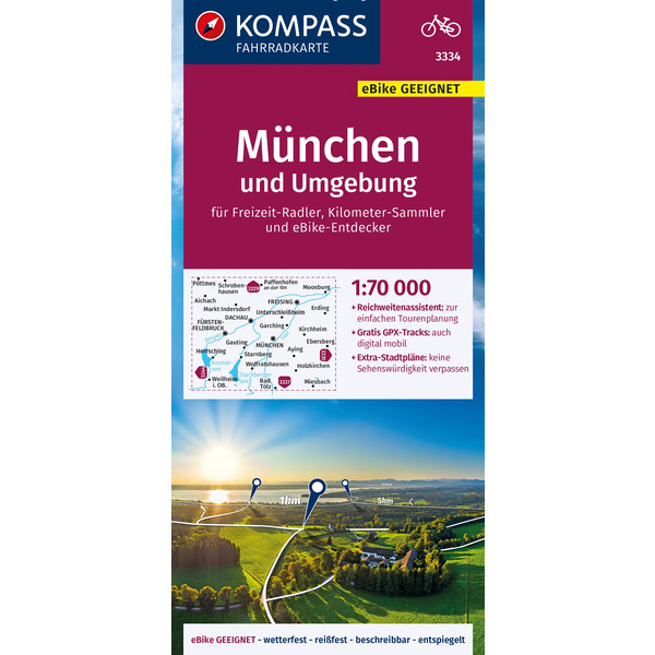 KOMPASS FAHRRADKARTE 3334 MÜNCHEN UND UMGEBUNG, 1:70000 Ansicht 1