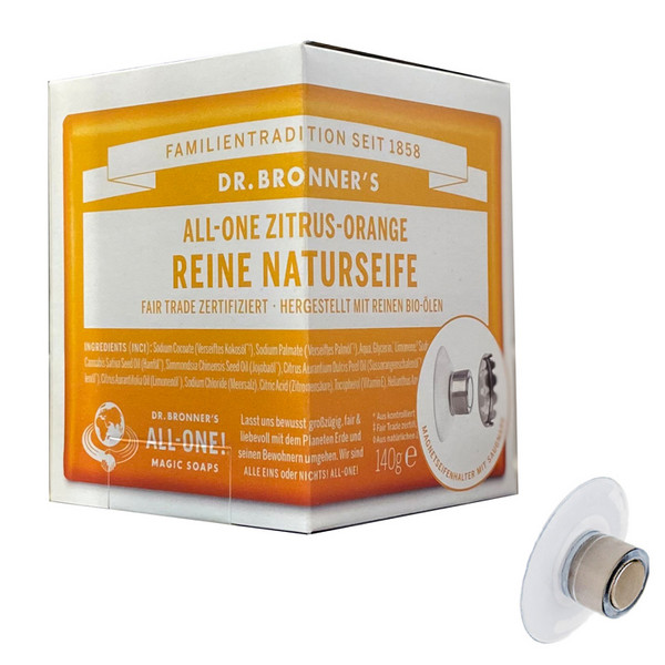 Dr. Bronner's SET- MAGNETSEIFENHALTER PLUS STÜCKSEIFE ZITRONE-ORANGE - Outdoor Seife Ansicht 2