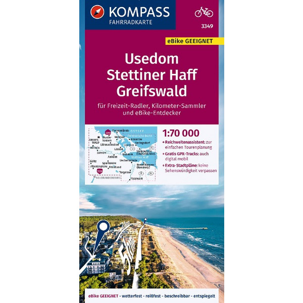 KOMPASS FAHRRADKARTE 3349 USEDOM, STETTINER HAFF, GREIFSWALD Ansicht 1