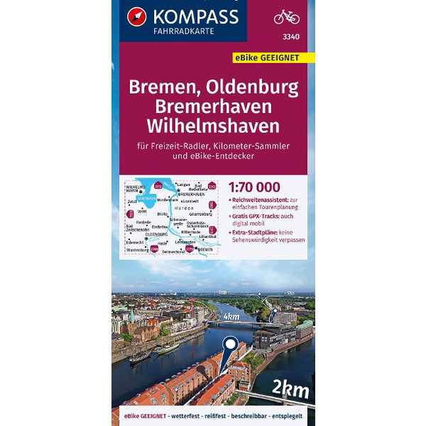 KOMPASS FAHRRADKARTE 3340 BREMEN, OLDENBURG, BREMERHAVEN Ansicht 1