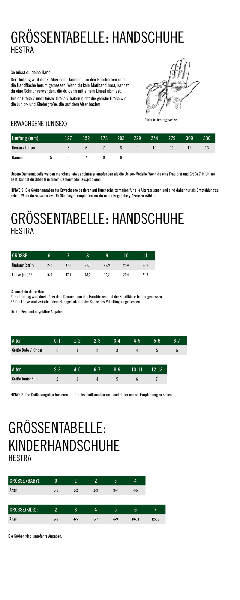 Hestra SKOGEN - MITT Unisex - Handschuhe Größentabelle