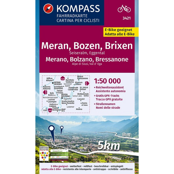 KOMPASS FAHRRADKARTE 3421 MERAN, BOZEN UND UMGEBUNG 1:50.000