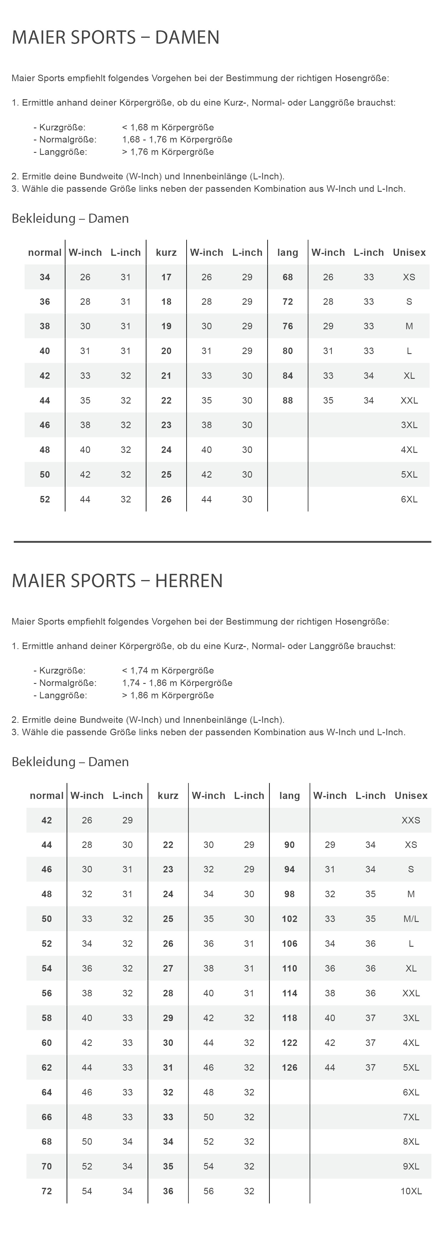Maier Sports TAJO Herren - Softshellhose Größentabelle