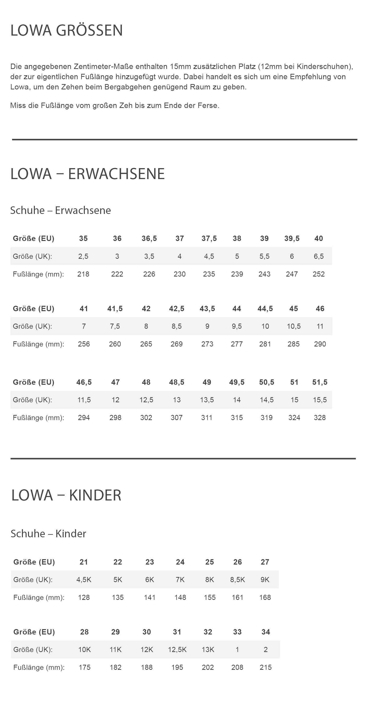 Lowa KALOYA LT GTX LO Herren - Freizeitschuhe Größentabelle