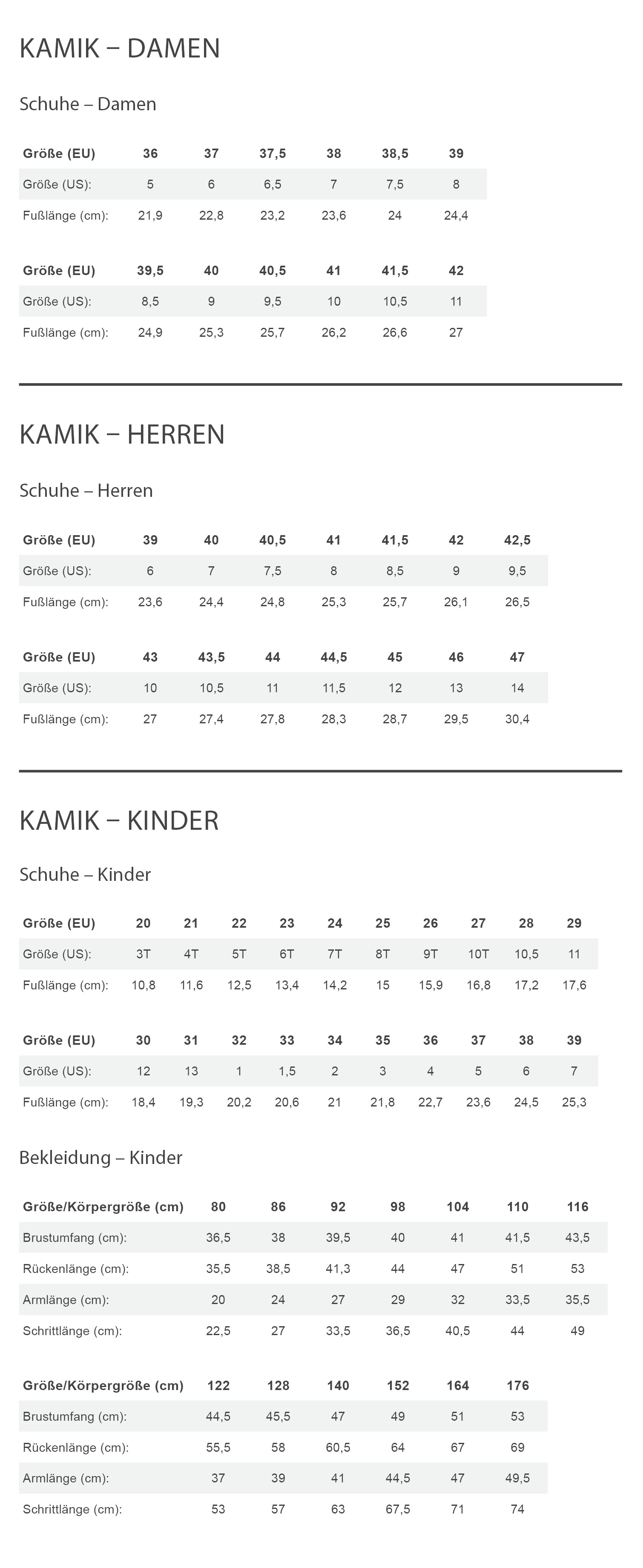 Kamik DUKE Kinder - Winterjacke Größentabelle