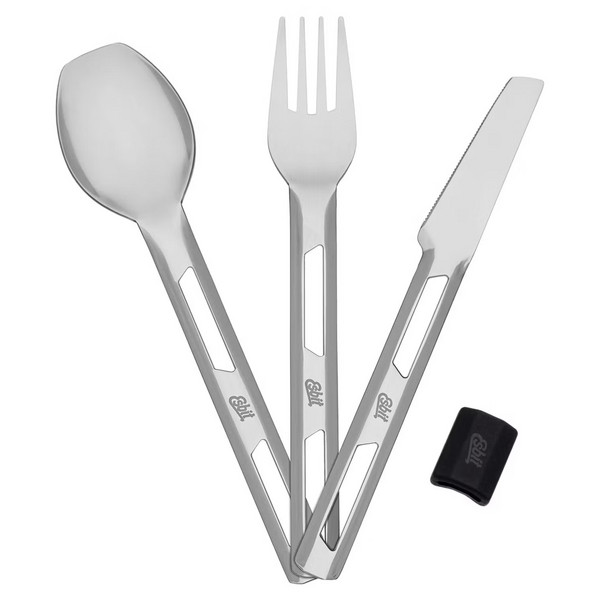 EDELSTAHL BESTECKSET, 3-TEILIG MIT SILIKON-MANCHETTE - Campingbesteck